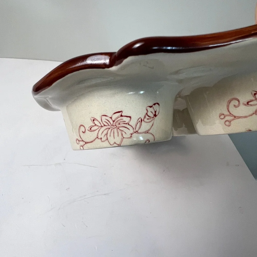 Temp-tations Muffin Pan 6 Cup Cranberry Red Floral Lace Ceramic Stoneware Baker